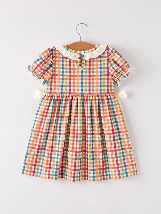Fall Thanksgiving Color Plaid Chick Embroidery Smocking Girls Dress