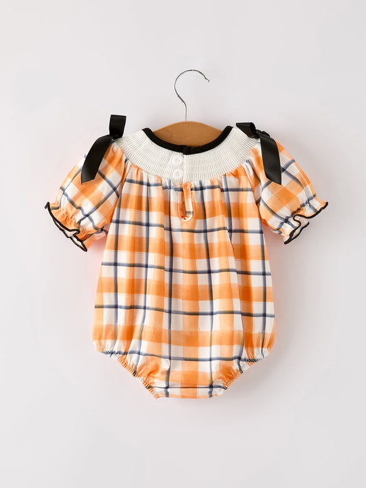 Fall Halloween Orange Embroidery Smocking Plaid Bow Baby Girls Romper