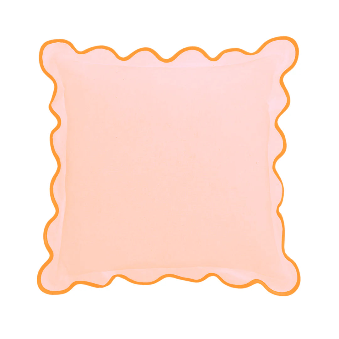 Charlotte Scalloped Linen Pillow Pink with Orange Trim