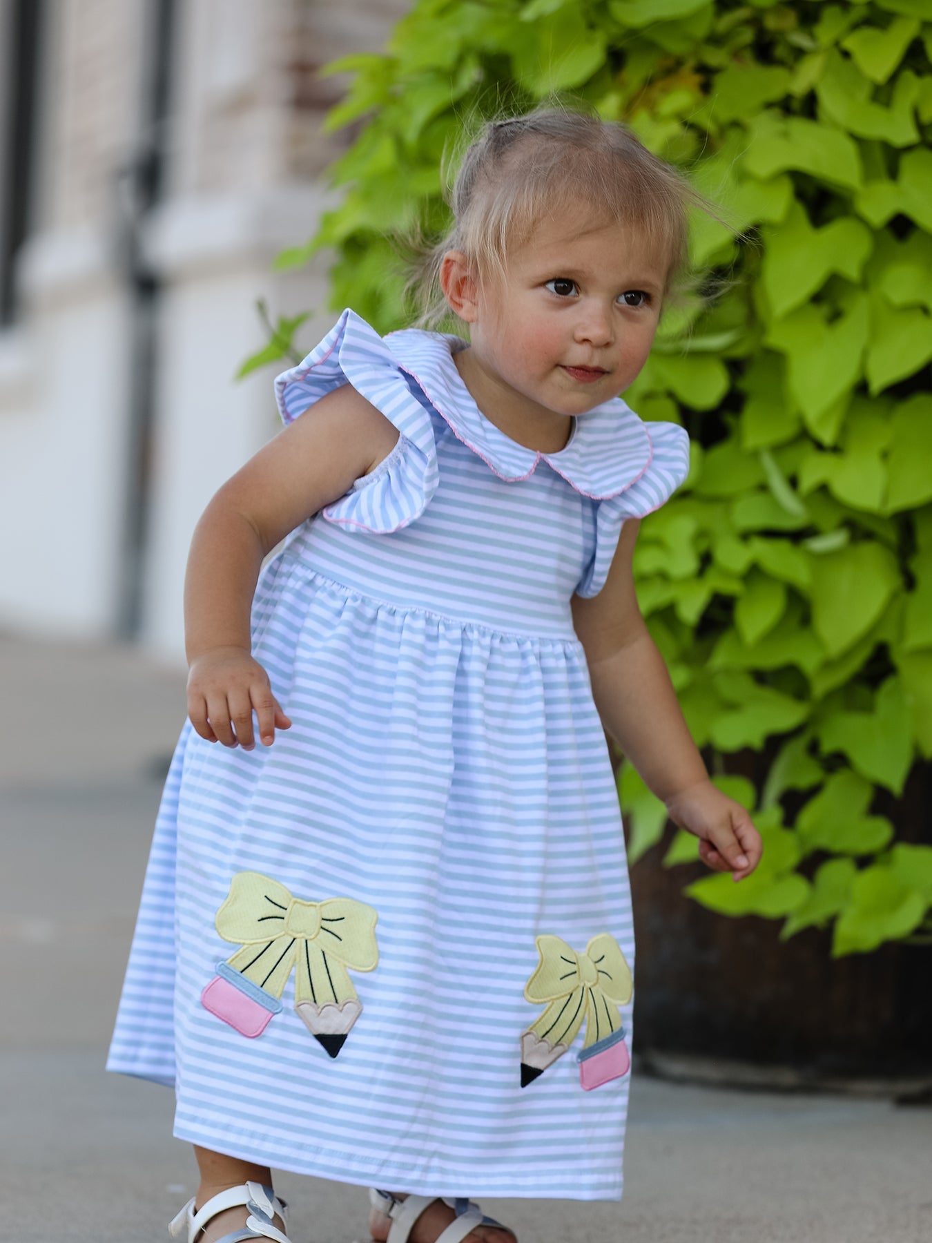 Back To School Girls Stripe Pencil Applique Bow Dress