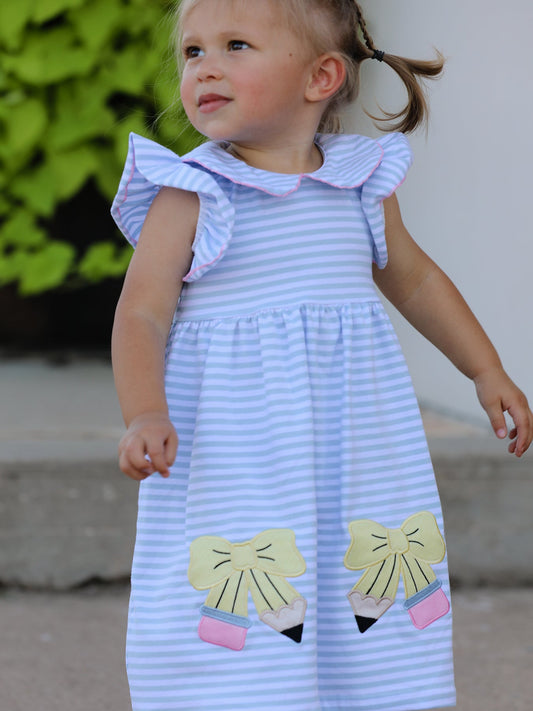 Back To School Girls Stripe Pencil Applique Bow Dress