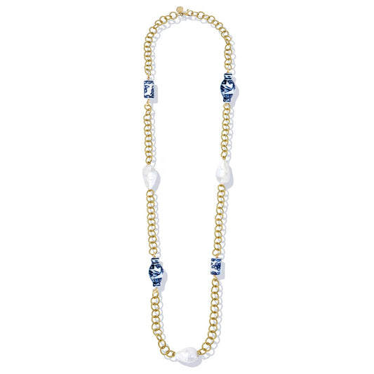 Susan Shaw - 30" Porcelain & Baroque PEarl Chain Necklace - Salud HTX