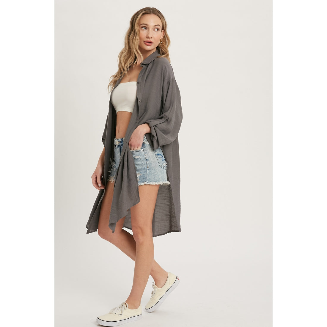 Charcoal Gray button Down Duster