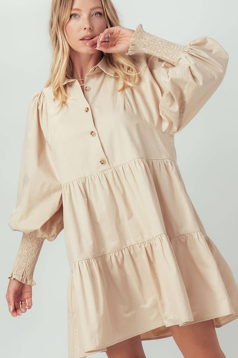 Urban Daizy - SMOCKED BALLOON SLEEVE BUTTON RUFFLE TIERED DRESS - Salud HTX