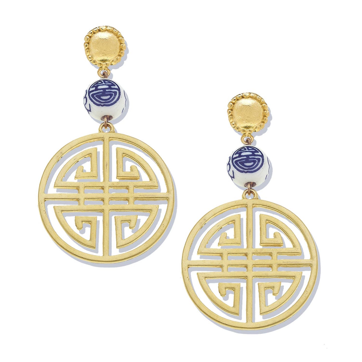 Susan Shaw - Gold Medallion & Porcelain Dangle Earrings - Salud HTX