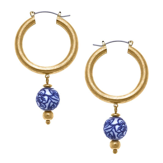Paloma Chinoiserie Drop Hoop Earrings in Blue & White - Salud HTX