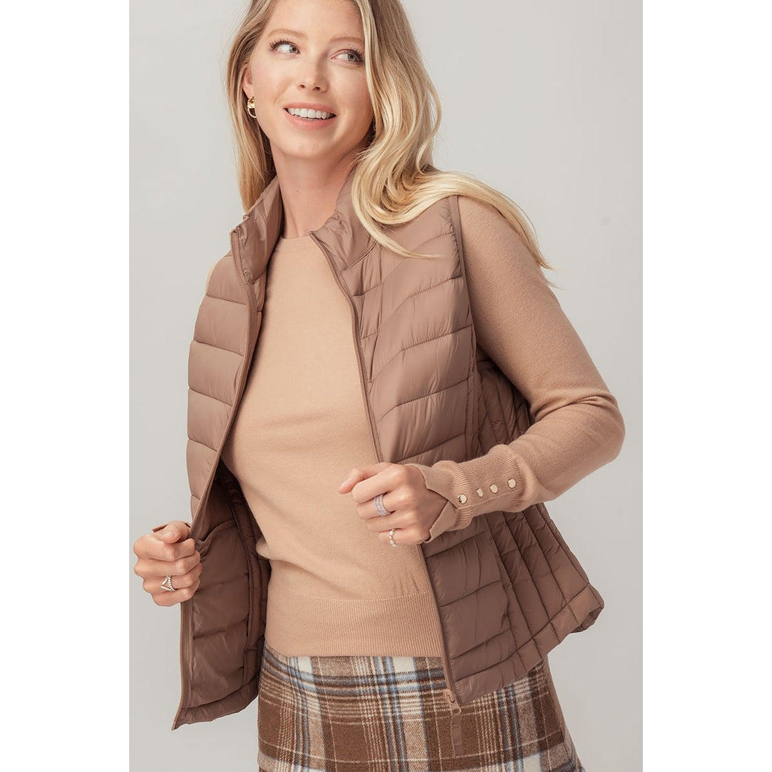 Ultra Light Zip Puffer Vest in Latte