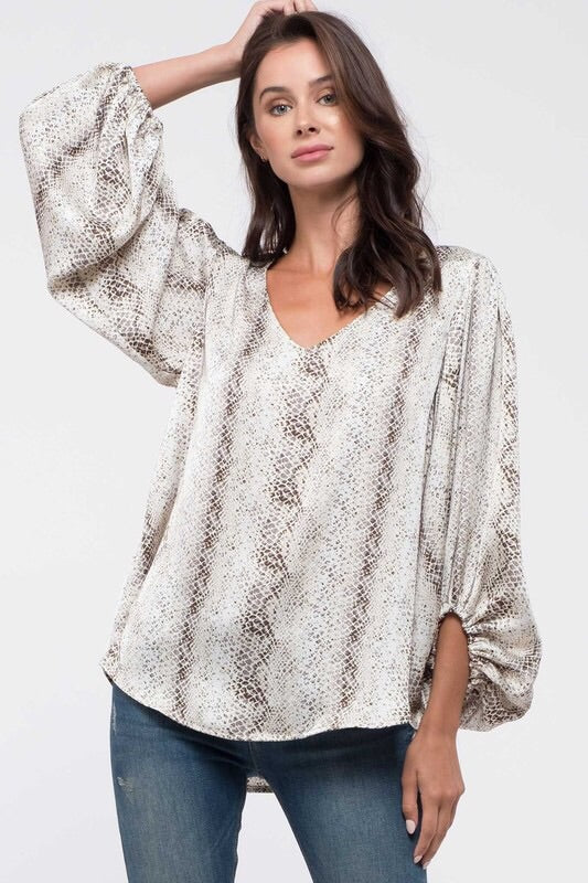 Snake Print Balloon Sleeved Top - Salud HTX