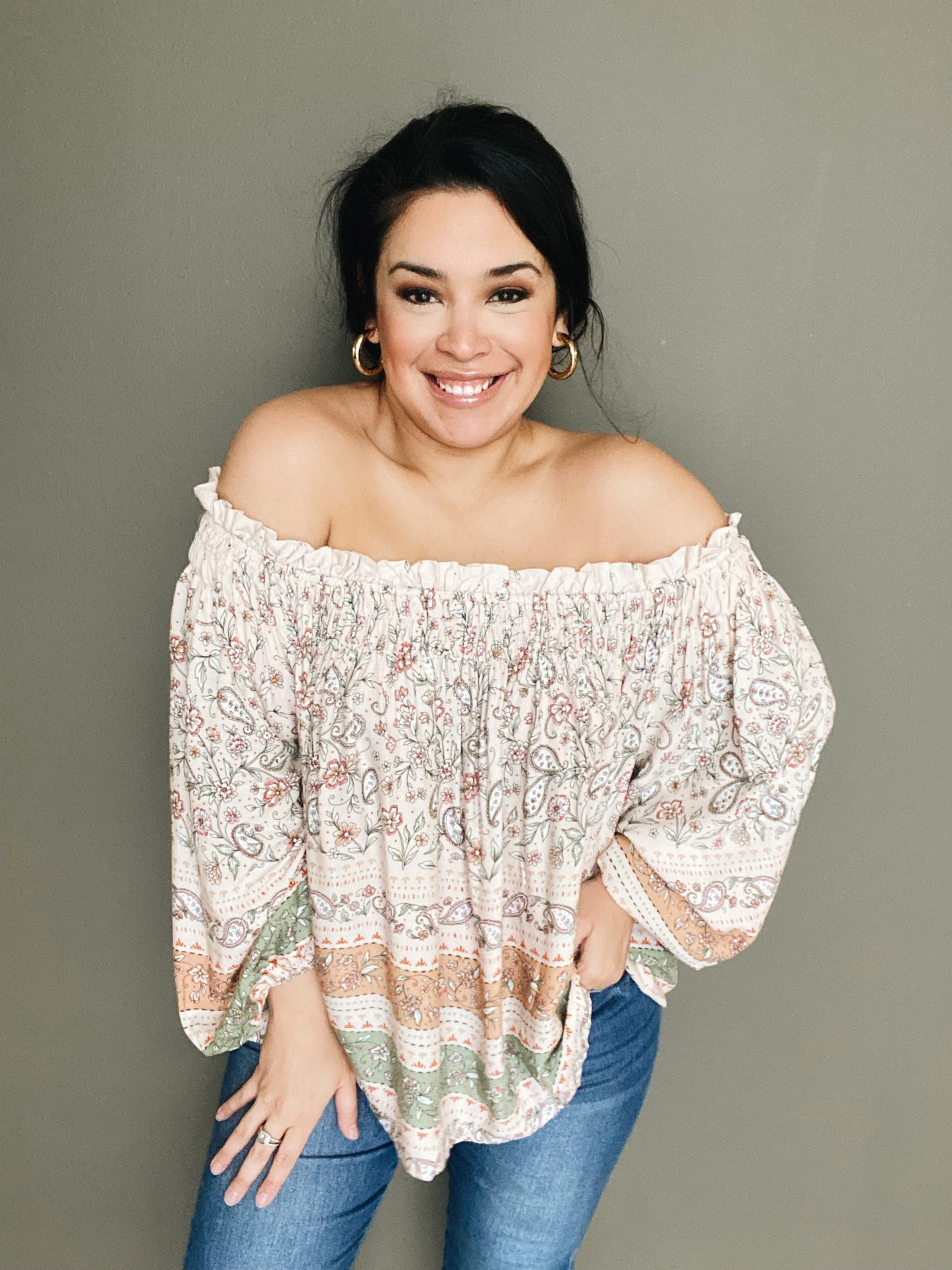 Smocked Floral Off the Shoulder Top