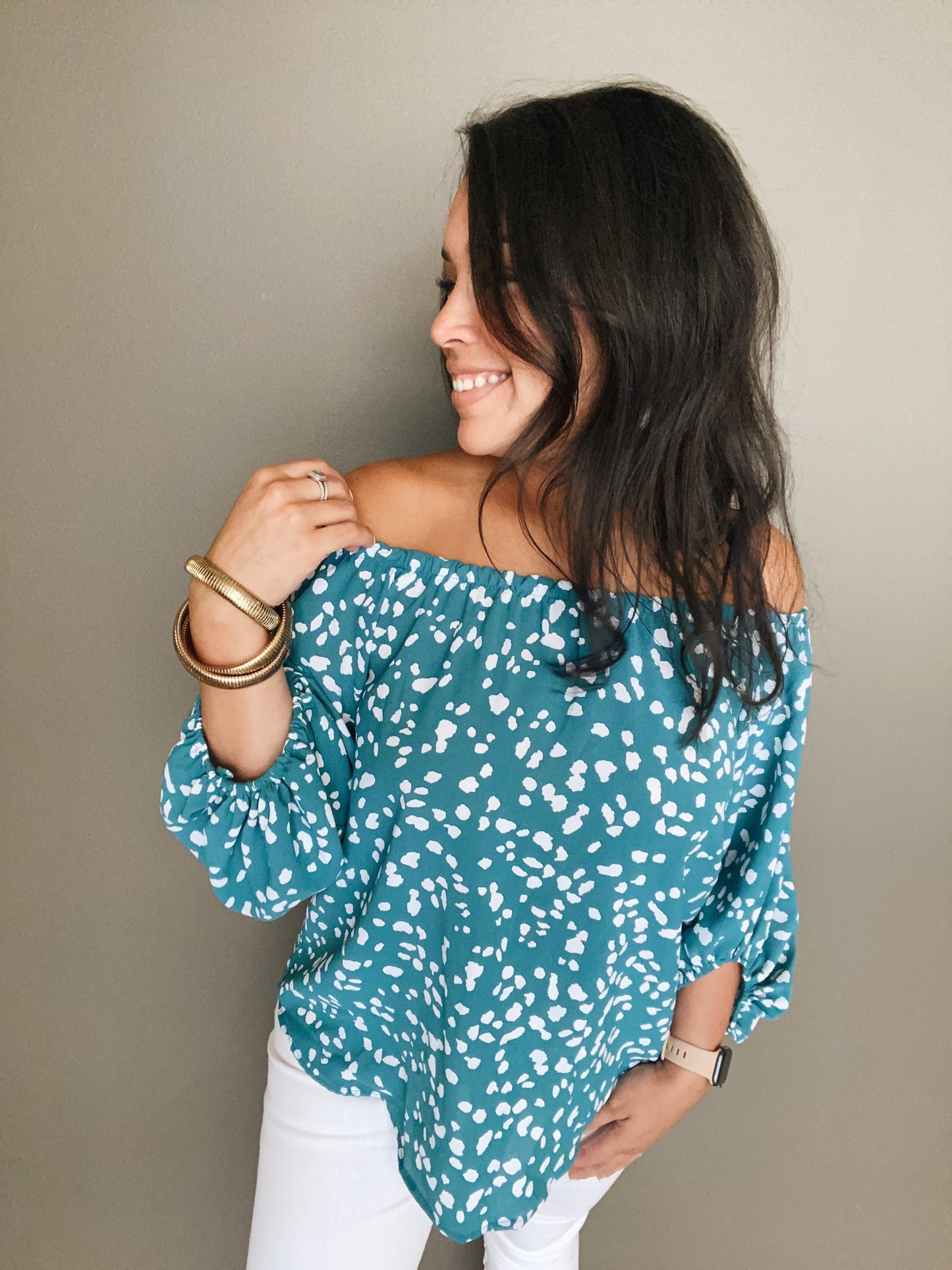 Teal Spotted Off the Shoulder Top - Salud HTX