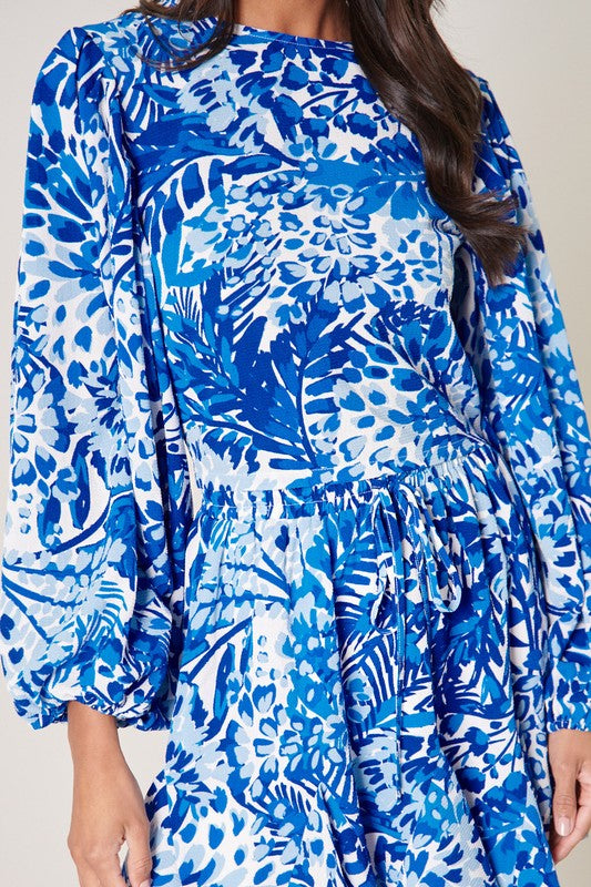 Blue & White Floral Balloon Sleeved Top