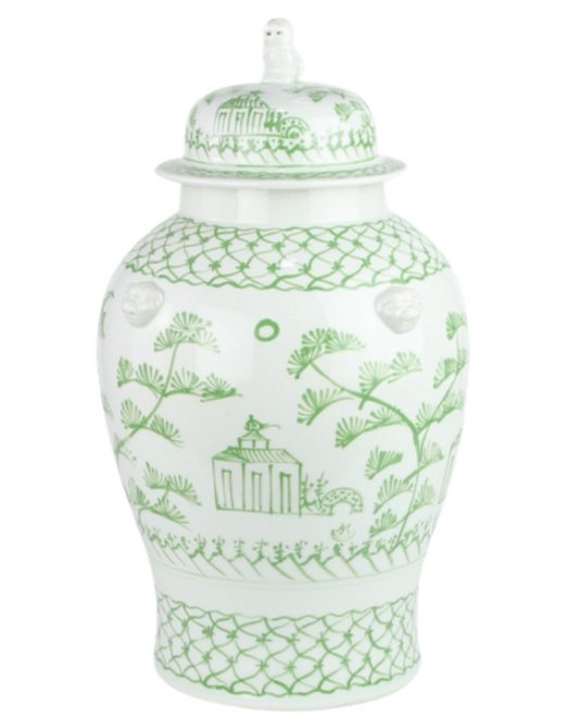 Green and White Village Scene Jar