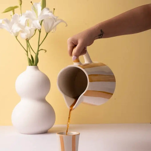 Ceramic Stripe Pitcher, yellow- 8.25 x 8.25 x 8 Inches