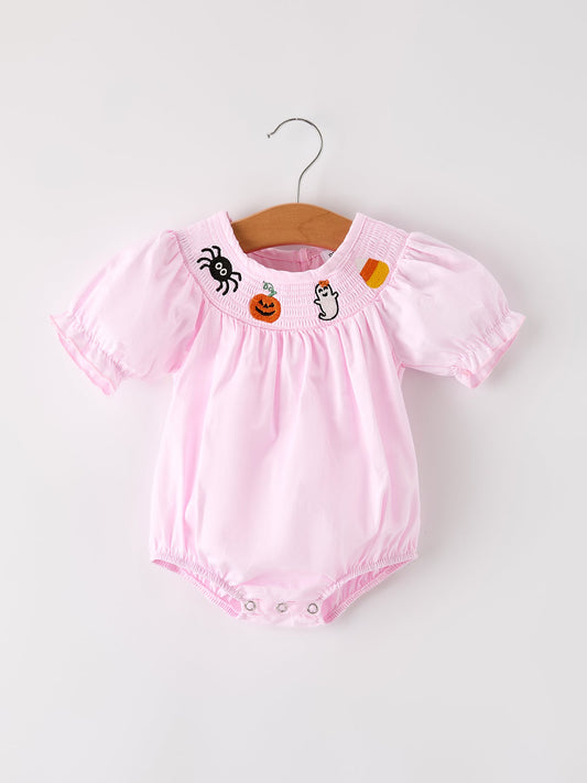 Fall Halloween Pink Spider Pumpkin Ghost Smock Embroidery Baby Girl Romper