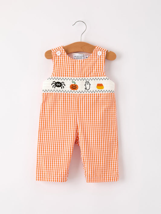 Fall Halloween Orange Pumpkin Ghost Spider Smock Embroidery Baby Boy Romper