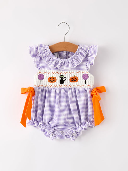 Fall Halloween Purple Balloon Pumpkin Cat Smock Embroidery Baby Girl Romper