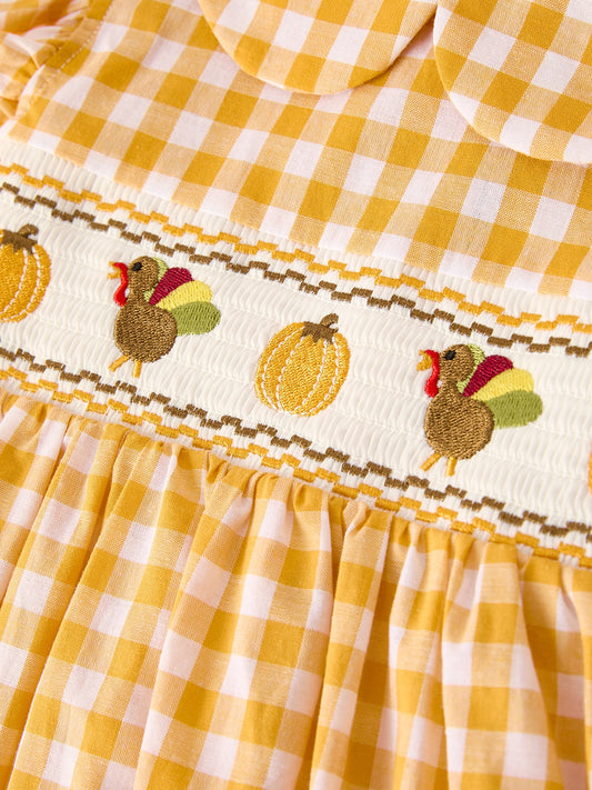 Autumn Thanksgiving Yellow Plaid Turkey Pumpkin Embroidery Smock Girl Dress