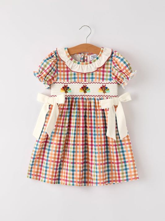Fall Thanksgiving Color Plaid Chick Embroidery Smocking Girls Dress