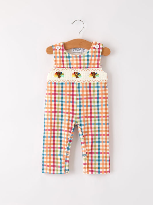 Fall Thanksgiving Color Plaid Chick Embroidery Smocking Baby Boys Romper