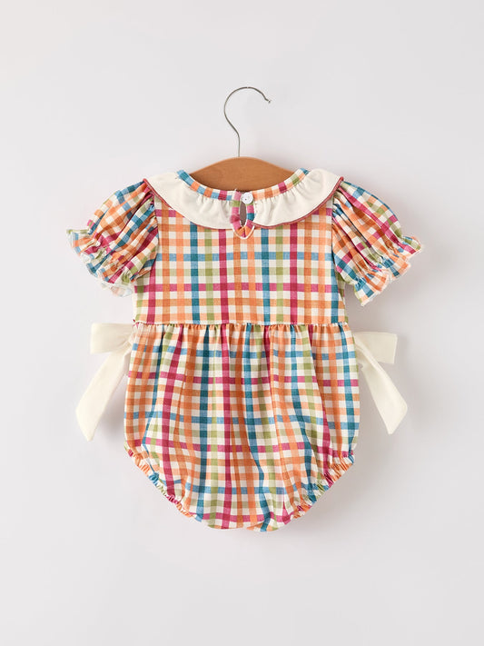 Fall Thanksgiving Color Plaid Chick Embroidery Smocking Baby Girls Romper