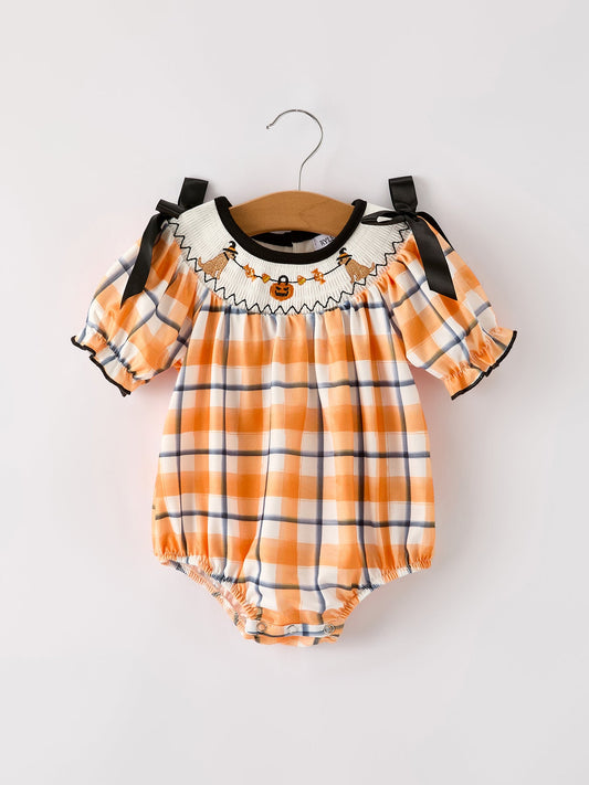 Fall Halloween Orange Embroidery Smocking Plaid Bow Baby Girls Romper