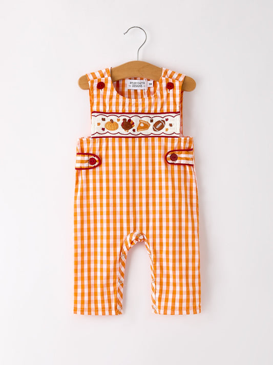 Fall Turkey Embroidered Romper for Baby Boys – Orange Checkered with Halloween Details