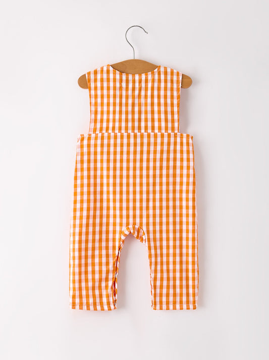 Fall Turkey Embroidered Romper for Baby Boys – Orange Checkered with Halloween Details