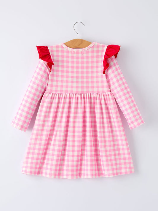 Valentine Pink Plaid Girls Dress with Horse & Heart Smocking Embroidery