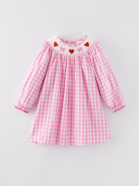 Valentine's Day Heart Bow Smocking Embroidered Pink Dress