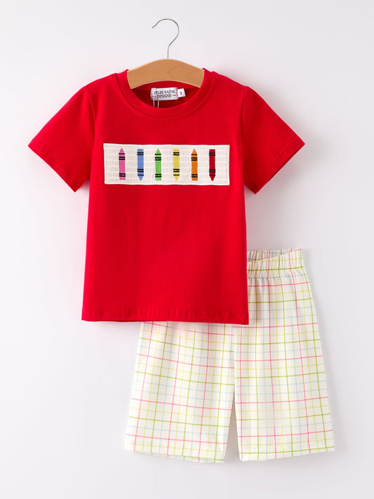 Boys Back to School Pencil Smock Embroidered Plaid Set