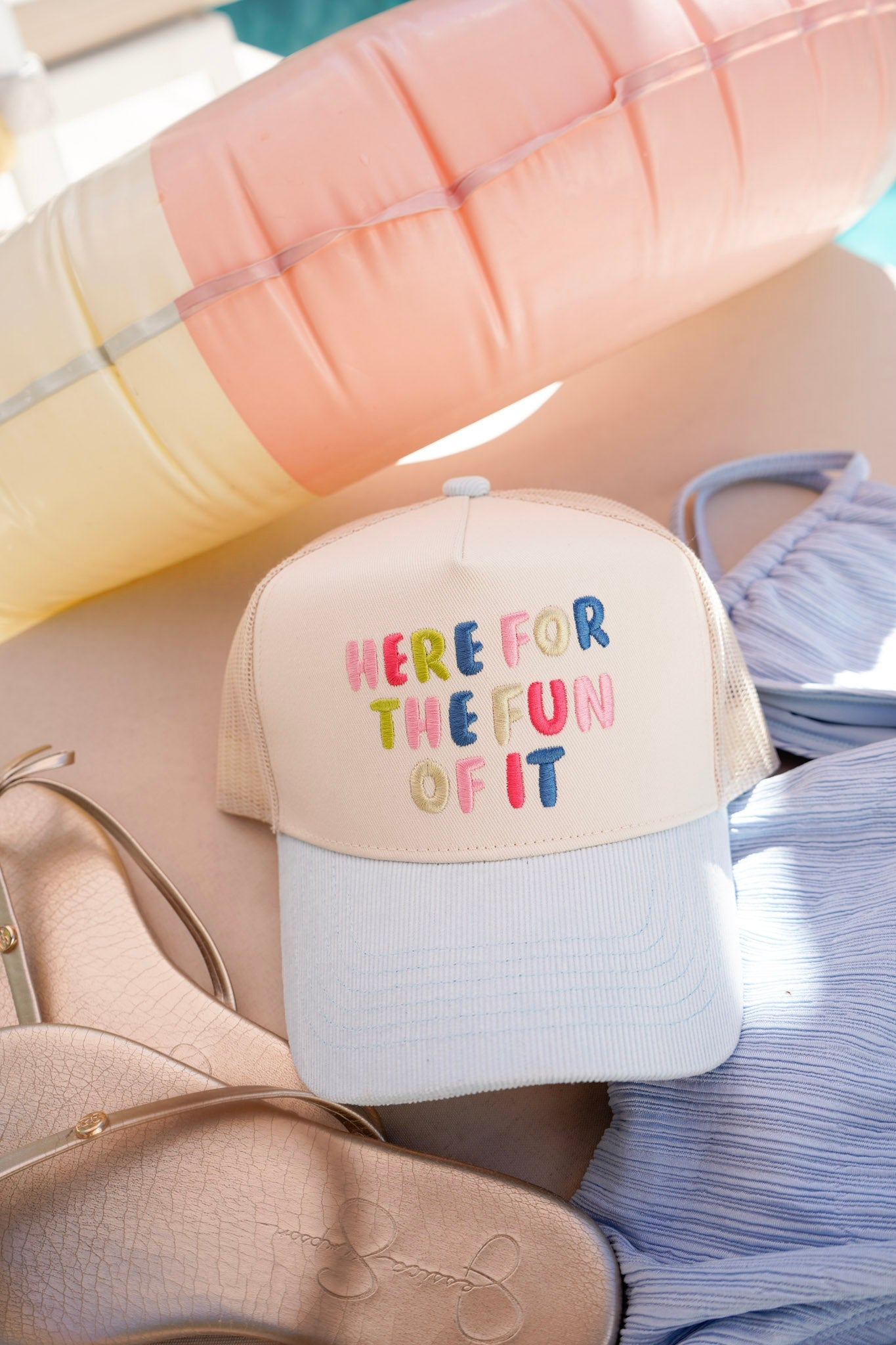 Here for the Fun of it - Baby Blue Corduroy Trucker Hat