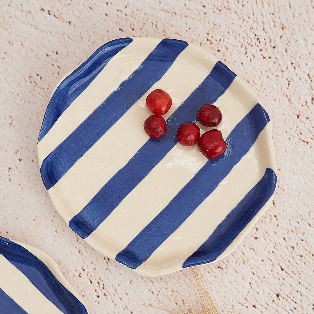 Ceramic Blue stripe plate, 6.3x6.3 Inches (Set of 4)