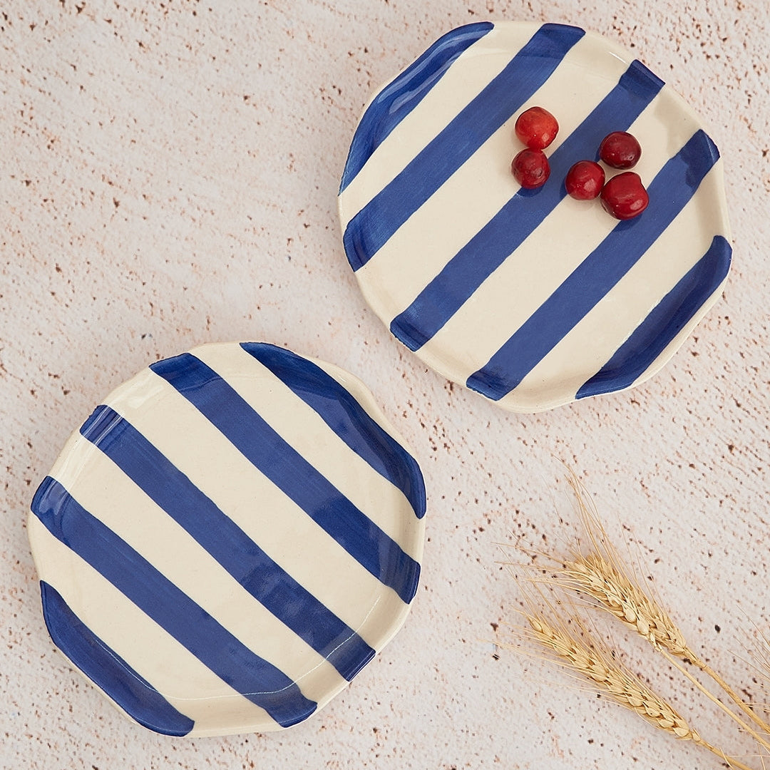 Ceramic Blue stripe plate, 6.3x6.3 Inches (Set of 4)