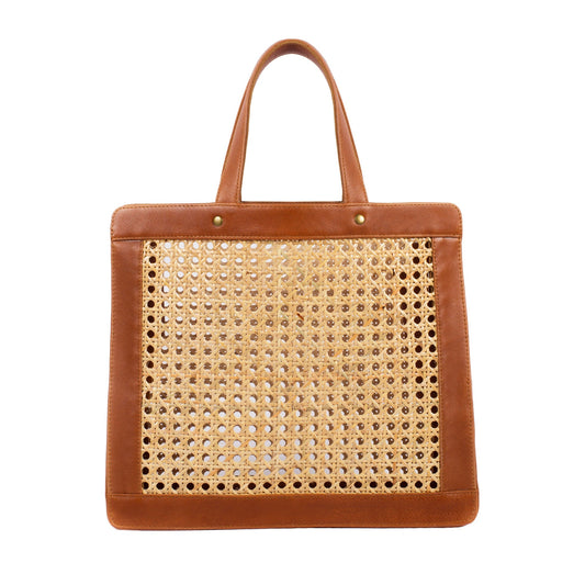 Classic Rattan and Leather Shoulder Tote