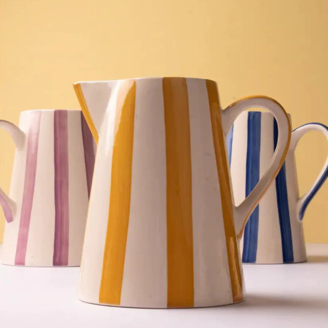 Ceramic Stripe Pitcher, yellow- 8.25 x 8.25 x 8 Inches