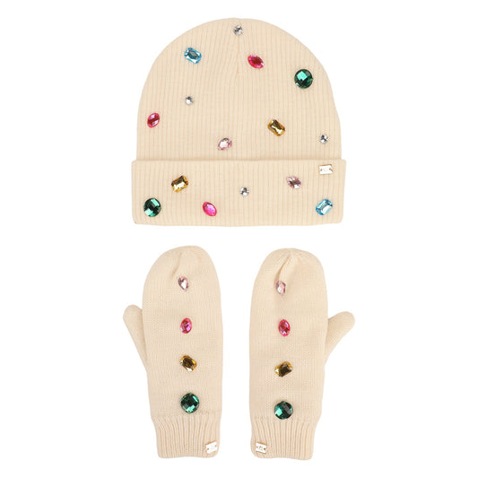 White Knit Rhinestone Beanie and Mittens Set