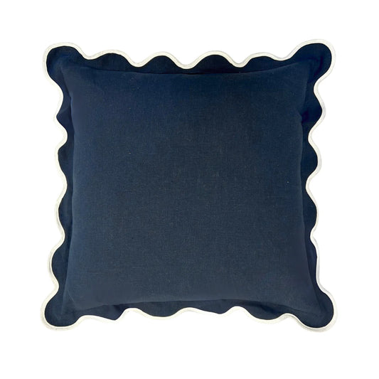 Charlotte Scalloped Linen Pillow Navy with White Trim