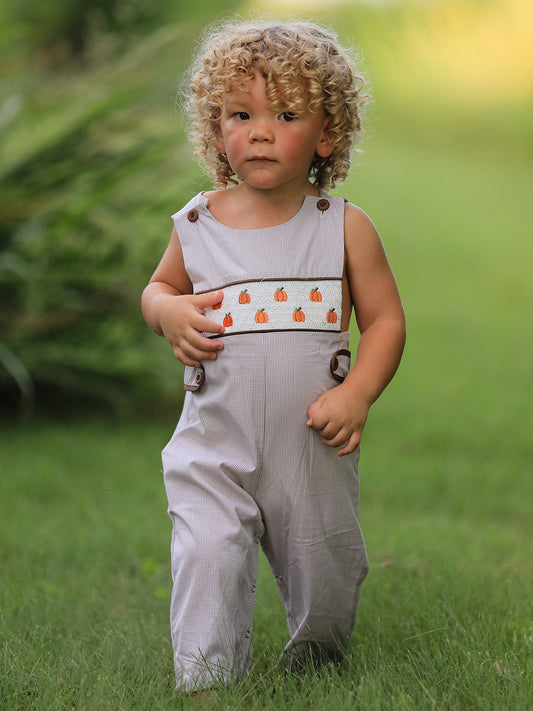 Fall Halloween & Thanksgiving Pumpkin Smock Embroidered Boys Romper