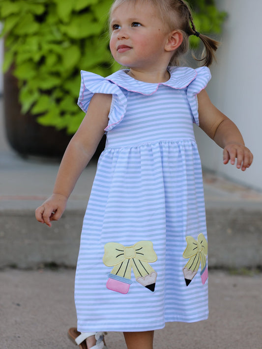 Back To School Girls Stripe Pencil Applique Bow Dress