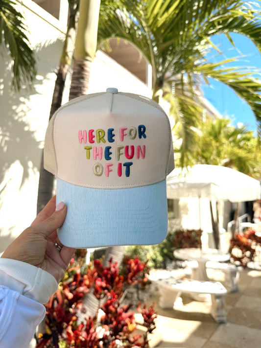 Here for the Fun of it - Baby Blue Corduroy Trucker Hat