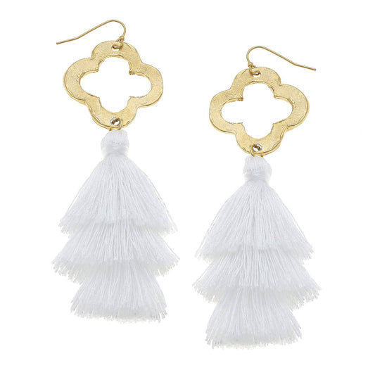 Susan Shaw - Gold Clover and White Silk Tiered Tassel Earrings - Salud HTX