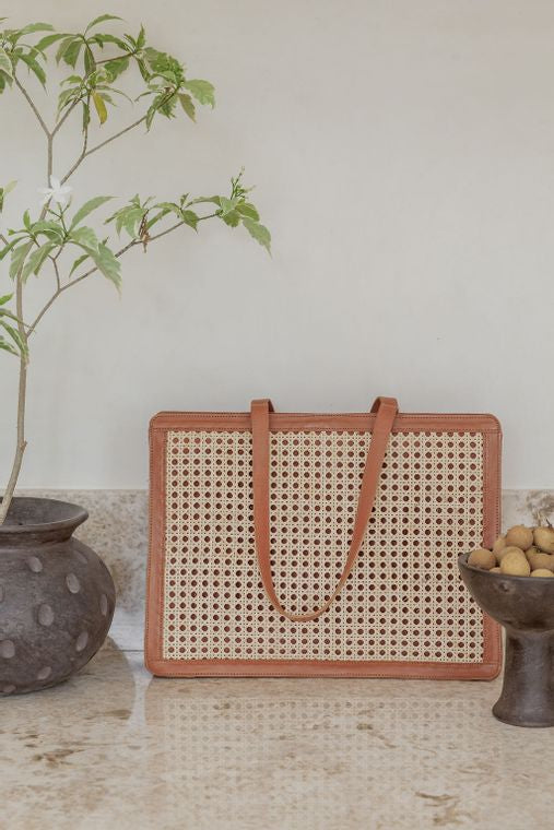 Camel Leather & Bamboo Slim Tote