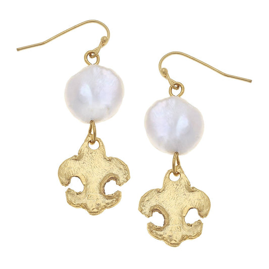 Susan Shaw - Gold Fleur De Lis & Genuine Freshwater Coin Pearl Earrings - Salud HTX