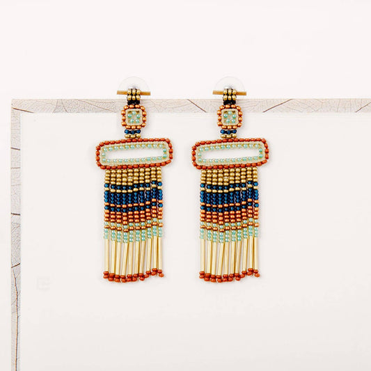 Altiplano - Beaded Rectangle Fringe Post Earrings - Salud HTX