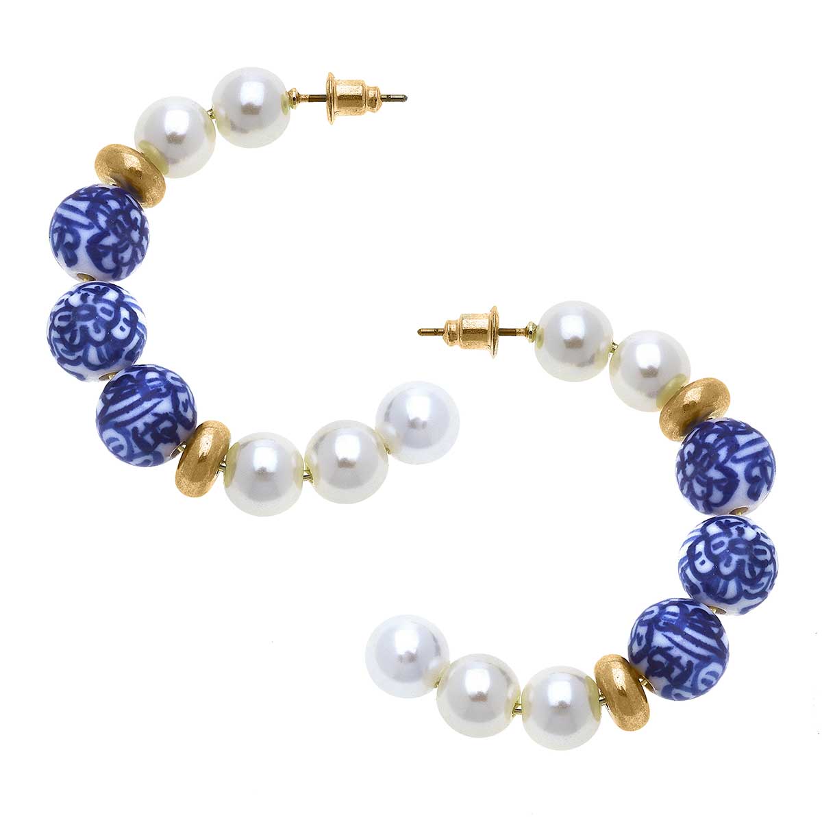 Margaret Chinoiserie & Pearl Hoop Earrings in Blue & White - Salud HTX