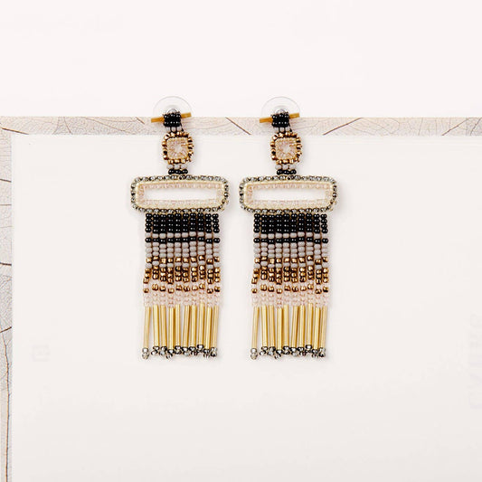 Altiplano - Beaded Rectangle Fringe Post Earrings - Salud HTX