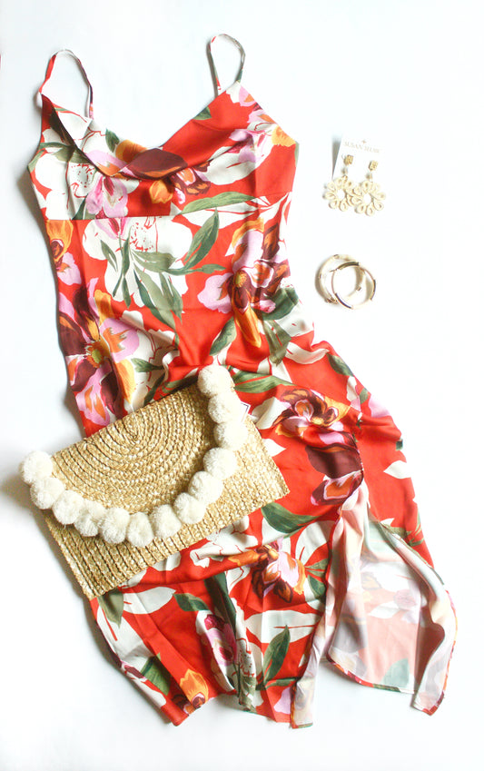 Floral Front Slit Slip Dress