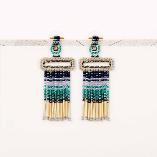 Altiplano - Beaded Rectangle Fringe Post Earrings - Salud HTX