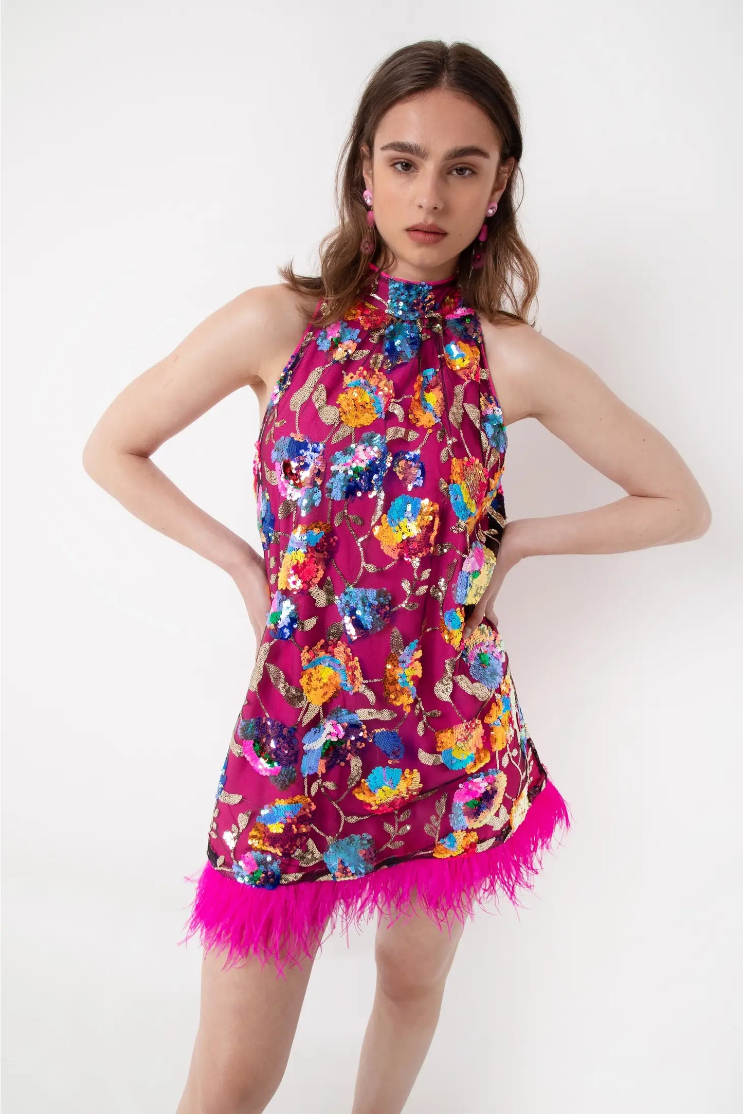 Daphne Floral Overlay Sleeveless Halter Dress