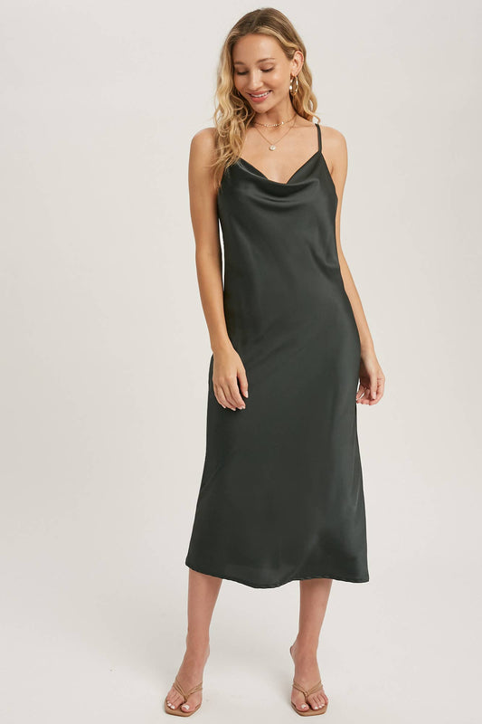 Black Satin Midi Slip Dress - Salud HTX